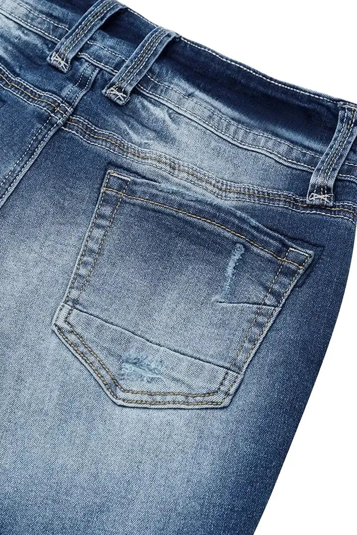 Women Mid Waisted Bootcut Jeans Zip Stretchy Slim Casual Double Button Flare Denim Pants with Distressed Pocket