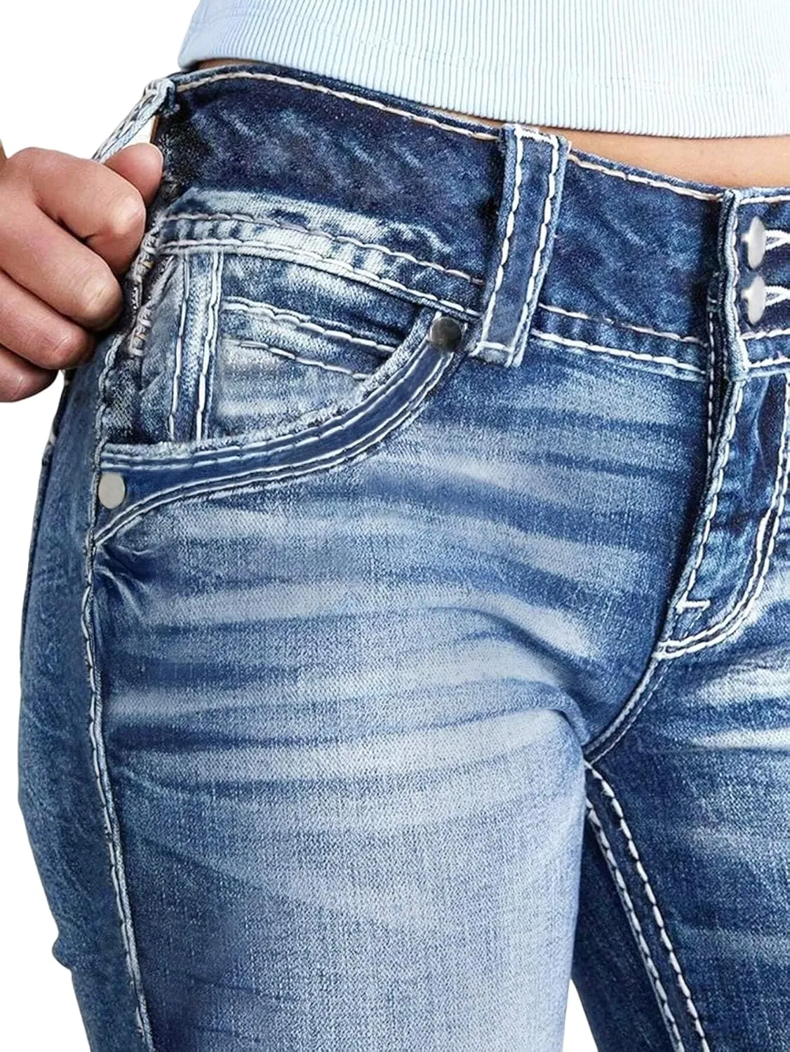 Women Mid Waisted Bootcut Jeans Zip Stretchy Slim Casual Double Button Flare Denim Pants with Distressed Pocket