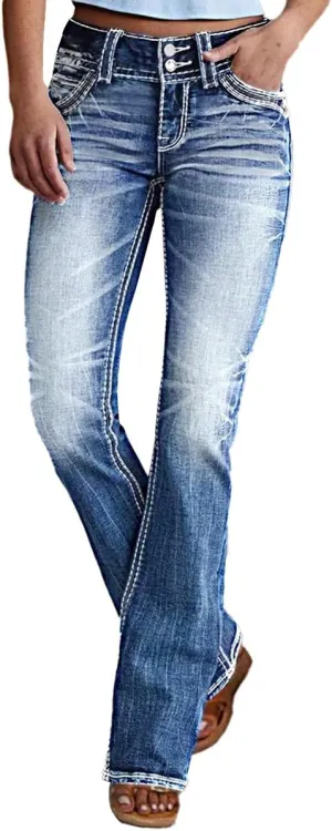 Women Mid Waisted Bootcut Jeans Zip Stretchy Slim Casual Double Button Flare Denim Pants with Distressed Pocket