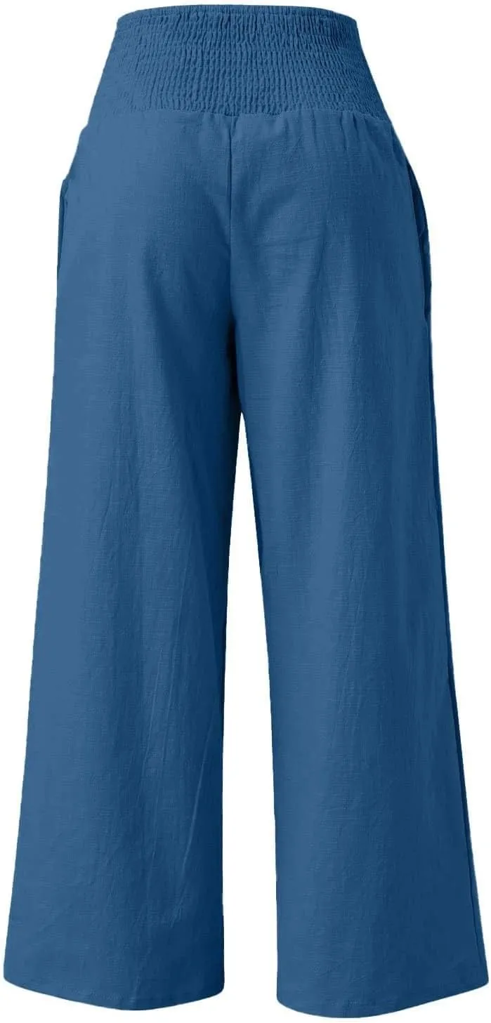 Women Palazzo Linen Pants Smocked High Waisted Wide Leg Pants Casual Summer Beach Pants Lounge Trousers with Pockets