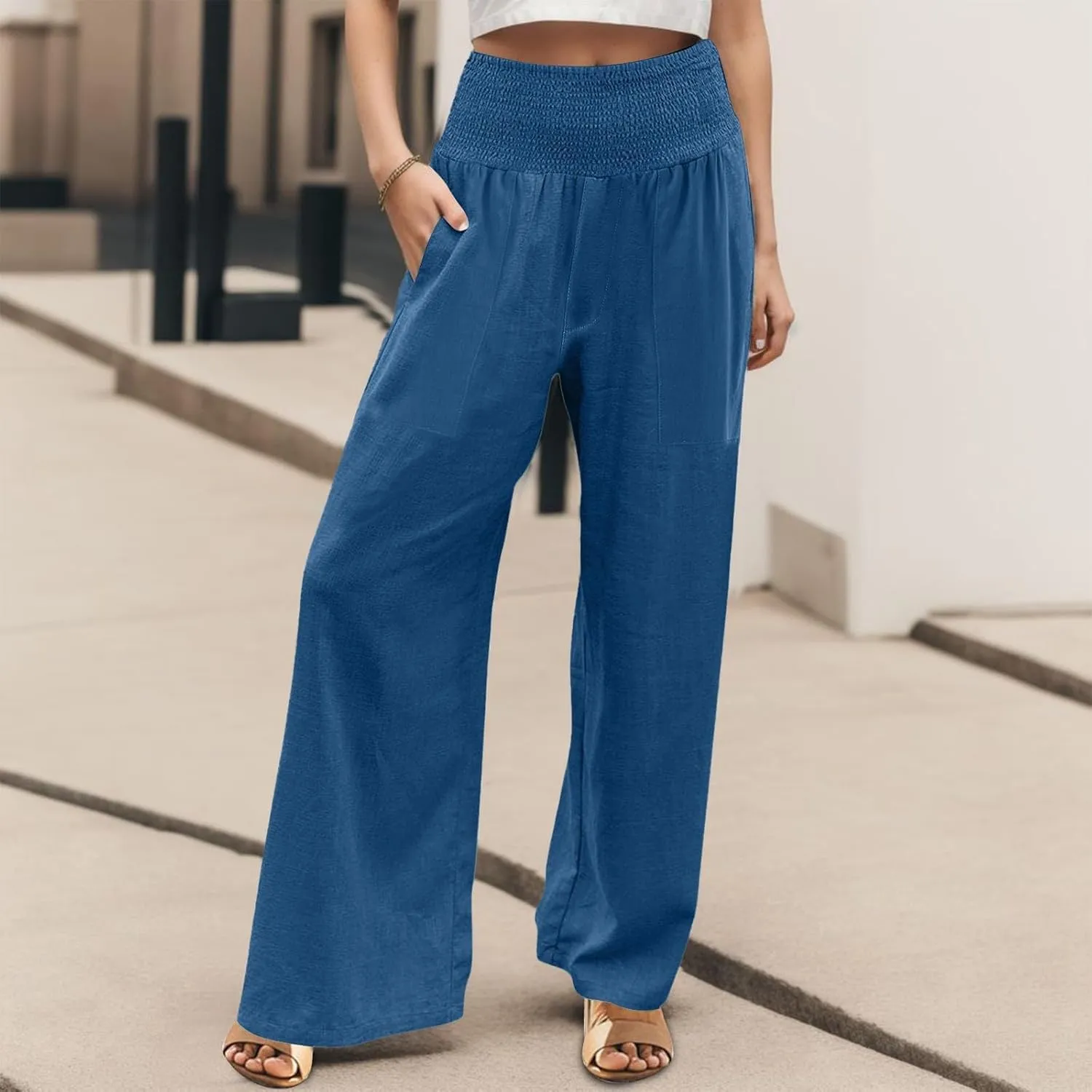 Women Palazzo Linen Pants Smocked High Waisted Wide Leg Pants Casual Summer Beach Pants Lounge Trousers with Pockets
