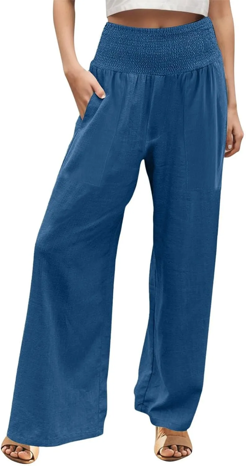 Women Palazzo Linen Pants Smocked High Waisted Wide Leg Pants Casual Summer Beach Pants Lounge Trousers with Pockets