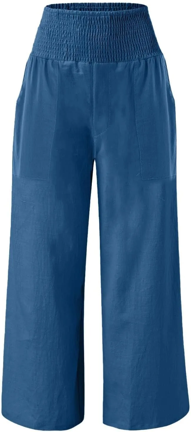 Women Palazzo Linen Pants Smocked High Waisted Wide Leg Pants Casual Summer Beach Pants Lounge Trousers with Pockets