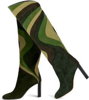 Women Rainbow Knee High Boots Suede Round Toe Dress Boots Chunky Block High Heel Multicolored Metallic Long Boots Colorful Patchwork Office Ladies Wedding Party Fall Winter Boot 4-11 M US