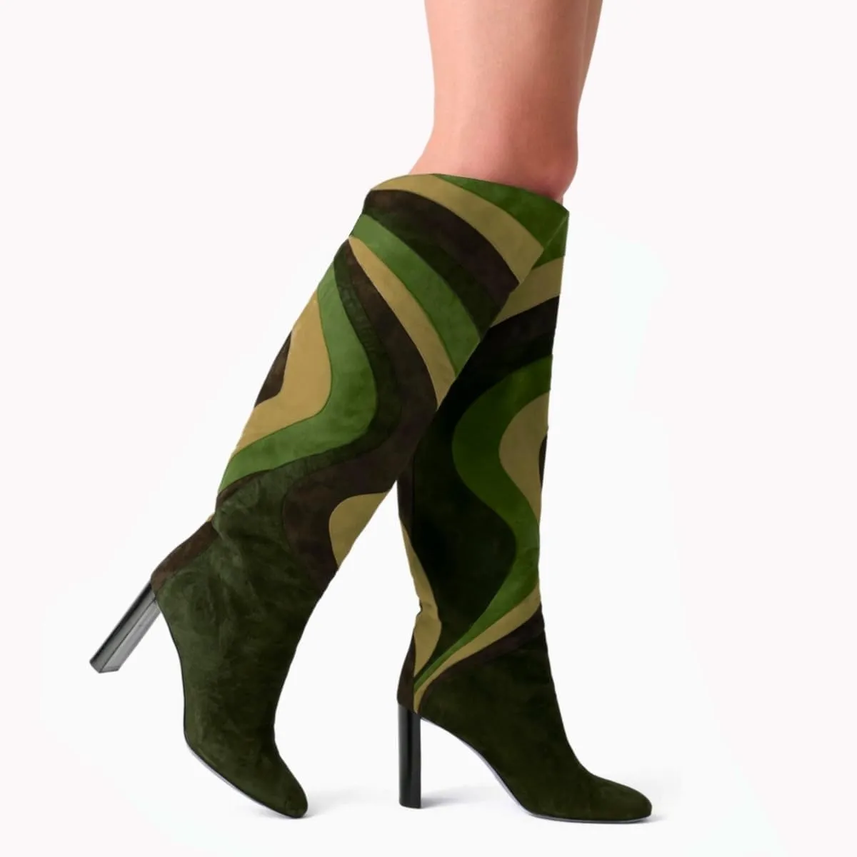 Women Rainbow Knee High Boots Suede Round Toe Dress Boots Chunky Block High Heel Multicolored Metallic Long Boots Colorful Patchwork Office Ladies Wedding Party Fall Winter Boot 4-11 M US