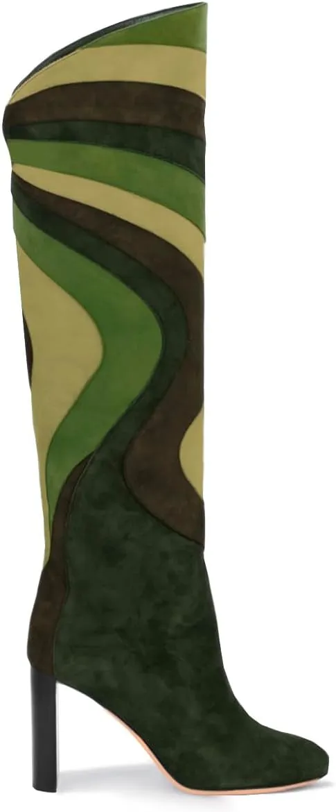 Women Rainbow Knee High Boots Suede Round Toe Dress Boots Chunky Block High Heel Multicolored Metallic Long Boots Colorful Patchwork Office Ladies Wedding Party Fall Winter Boot 4-11 M US