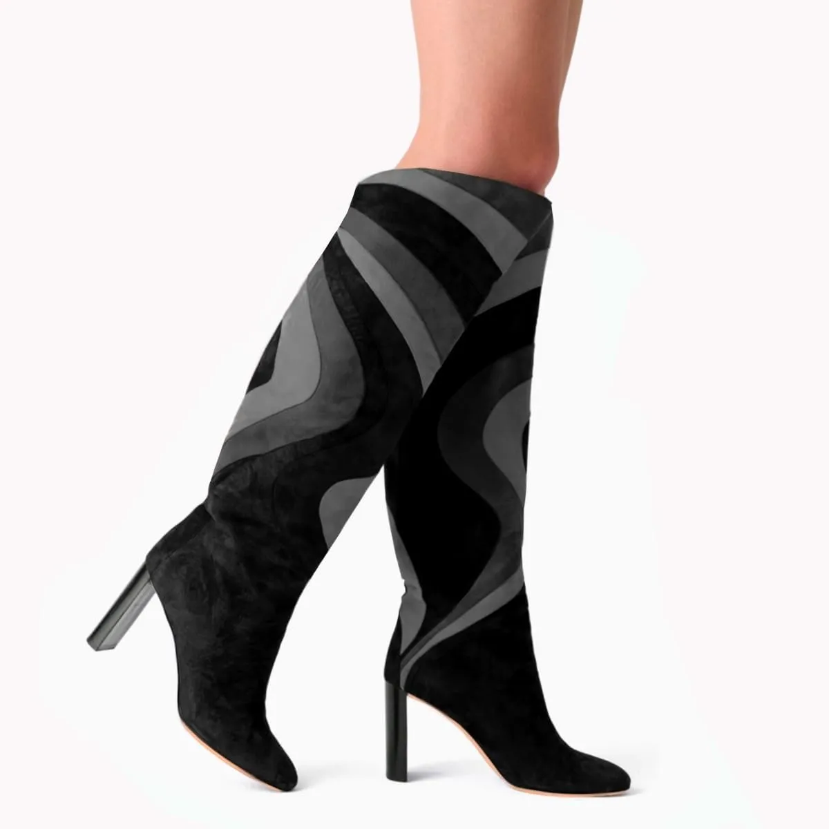 Women Rainbow Knee High Boots Suede Round Toe Dress Boots Chunky Block High Heel Multicolored Metallic Long Boots Colorful Patchwork Office Ladies Wedding Party Fall Winter Boot 4-11 M US