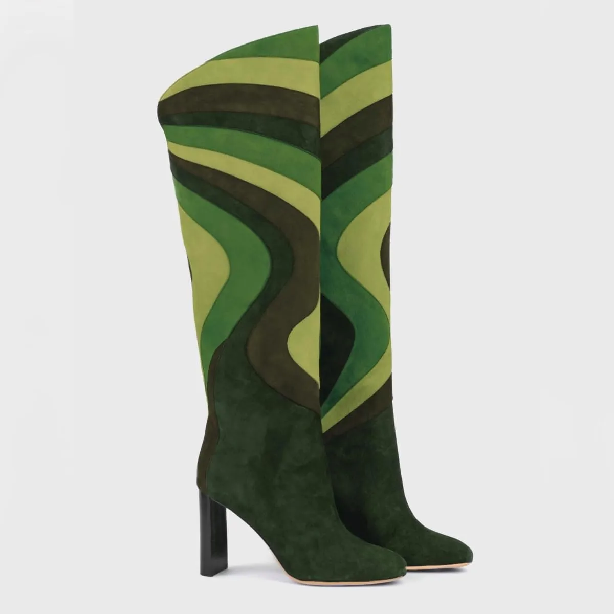 Women Rainbow Knee High Boots Suede Round Toe Dress Boots Chunky Block High Heel Multicolored Metallic Long Boots Colorful Patchwork Office Ladies Wedding Party Fall Winter Boot 4-11 M US