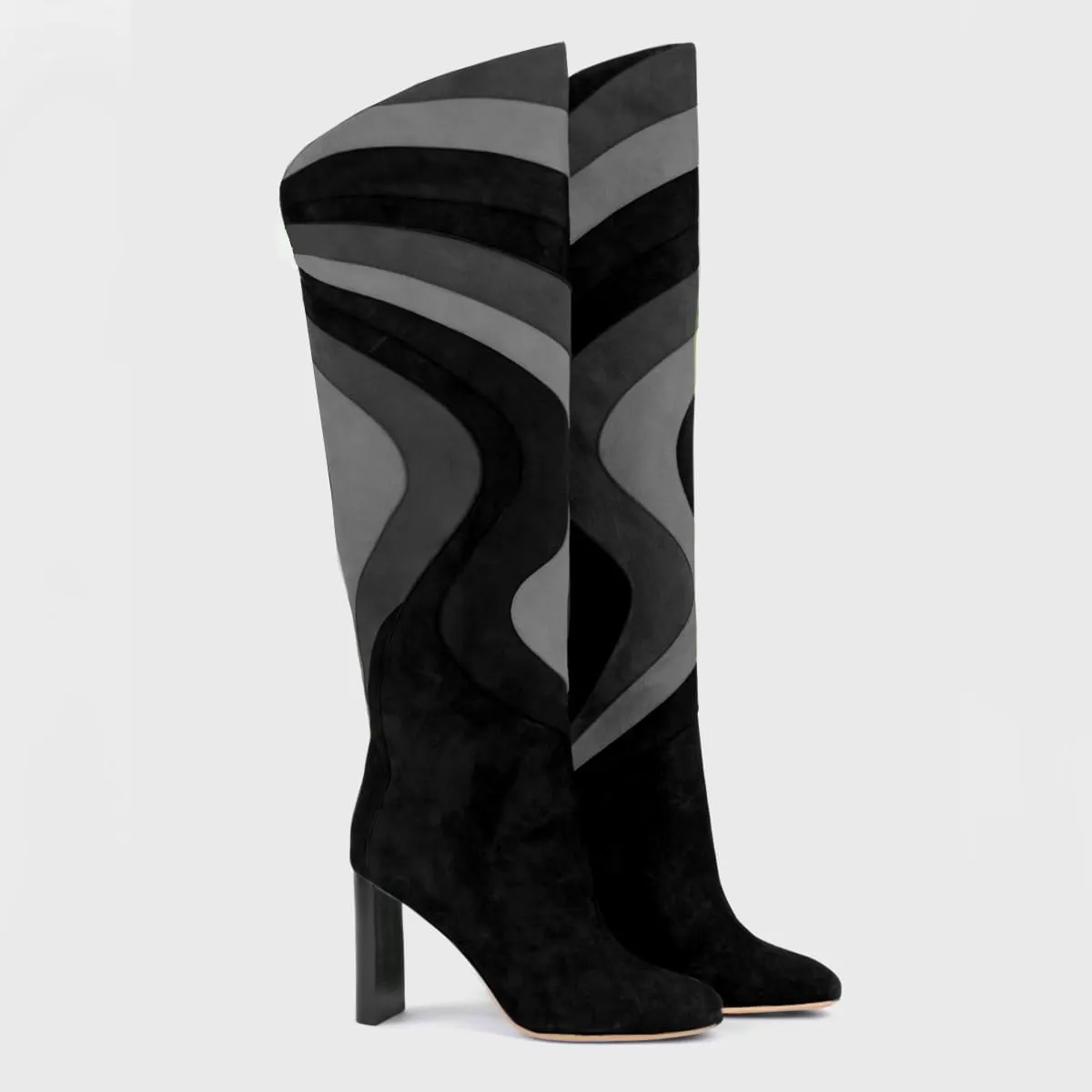 Women Rainbow Knee High Boots Suede Round Toe Dress Boots Chunky Block High Heel Multicolored Metallic Long Boots Colorful Patchwork Office Ladies Wedding Party Fall Winter Boot 4-11 M US