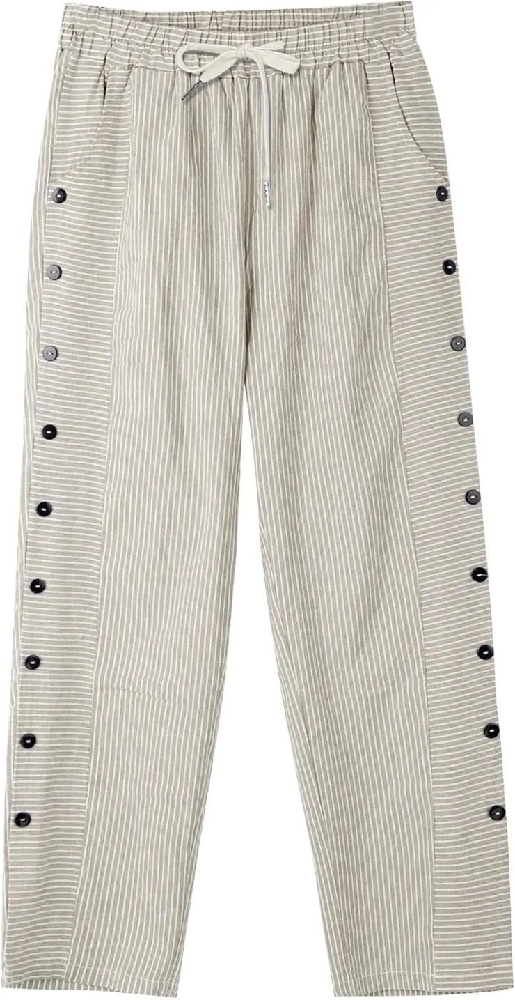 Women Stripe Cotton Linen Pants Straight Leg Side Button Multi-Pocket Fashion Trousers Street Hip Hop Y2K Casual Pant