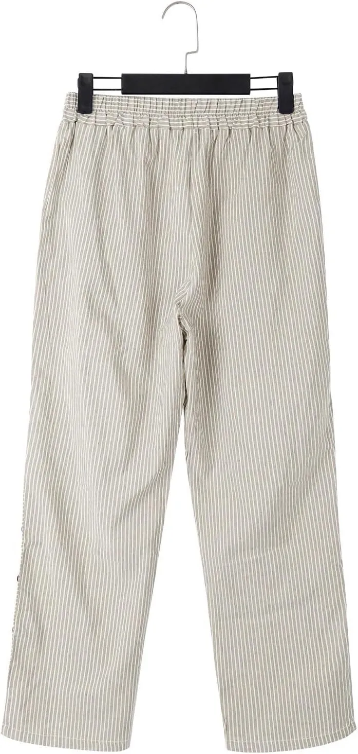 Women Stripe Cotton Linen Pants Straight Leg Side Button Multi-Pocket Fashion Trousers Street Hip Hop Y2K Casual Pant