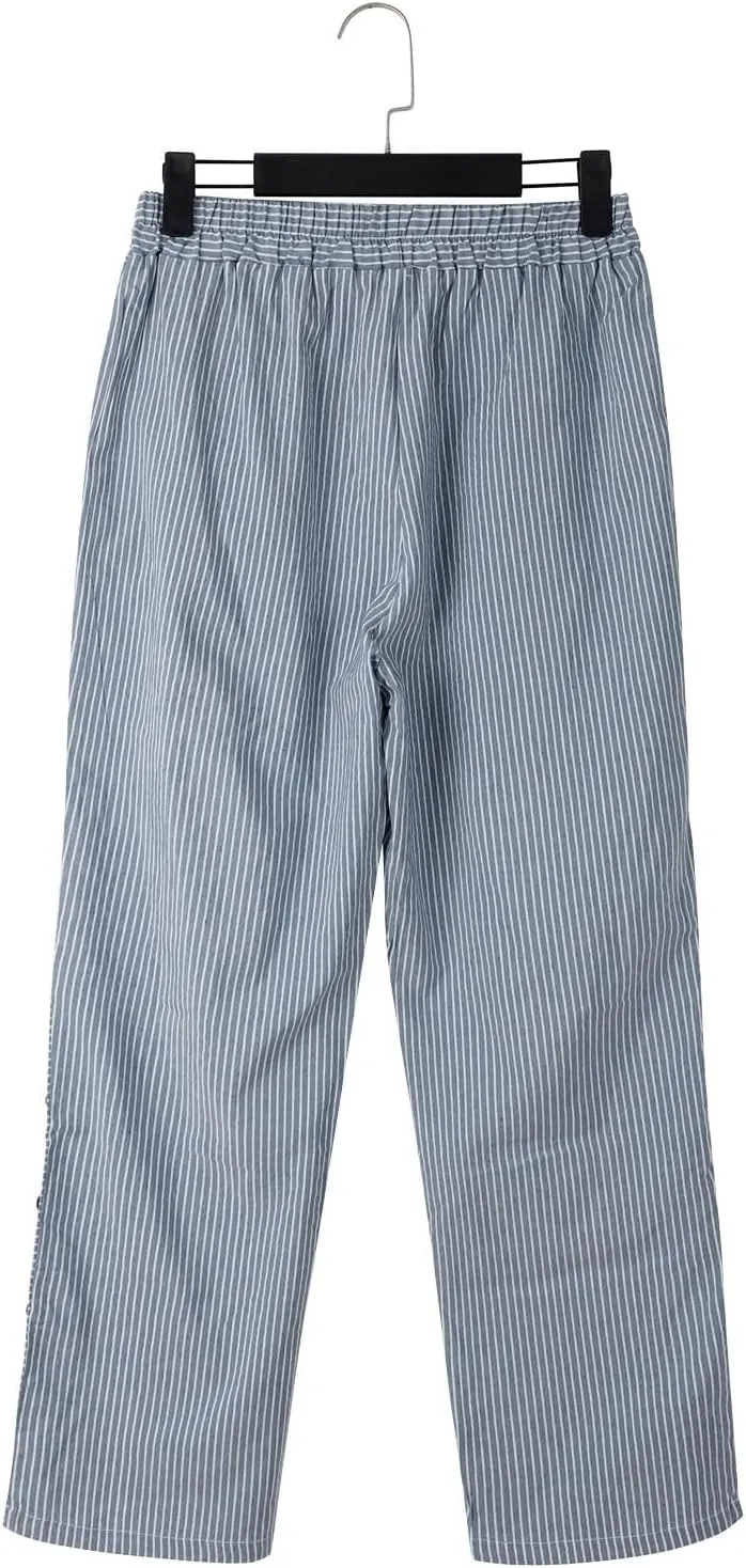 Women Stripe Cotton Linen Pants Straight Leg Side Button Multi-Pocket Fashion Trousers Street Hip Hop Y2K Casual Pant