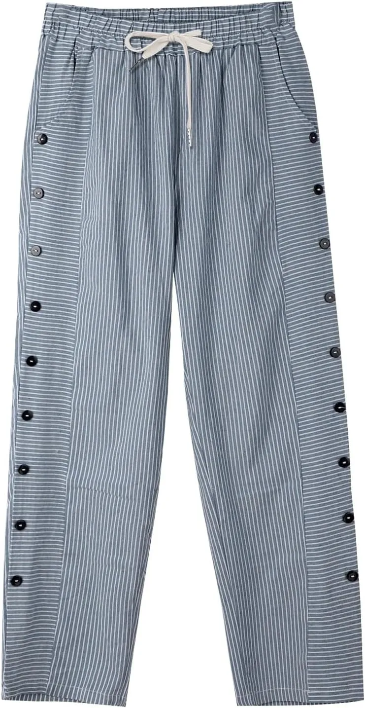 Women Stripe Cotton Linen Pants Straight Leg Side Button Multi-Pocket Fashion Trousers Street Hip Hop Y2K Casual Pant