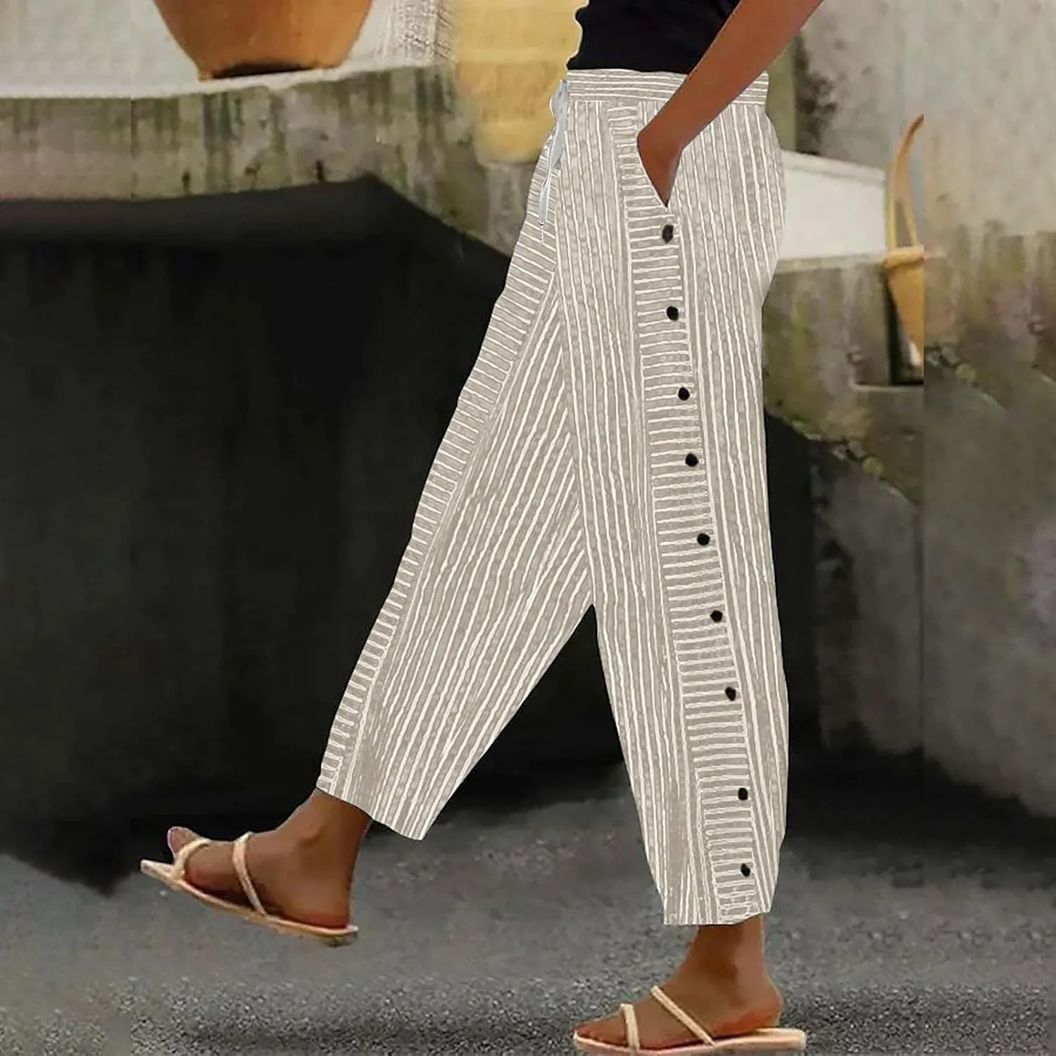 Women Stripe Cotton Linen Pants Straight Leg Side Button Multi-Pocket Fashion Trousers Street Hip Hop Y2K Casual Pant