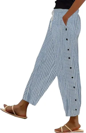 Women Stripe Cotton Linen Pants Straight Leg Side Button Multi-Pocket Fashion Trousers Street Hip Hop Y2K Casual Pant
