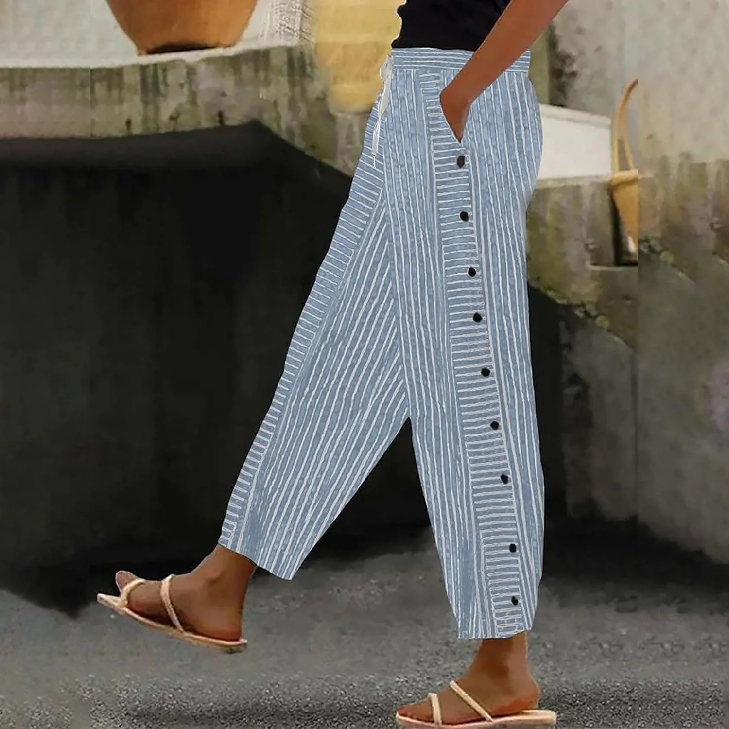 Women Stripe Cotton Linen Pants Straight Leg Side Button Multi-Pocket Fashion Trousers Street Hip Hop Y2K Casual Pant