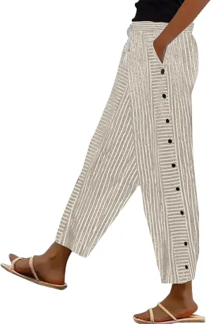 Women Stripe Cotton Linen Pants Straight Leg Side Button Multi-Pocket Fashion Trousers Street Hip Hop Y2K Casual Pant