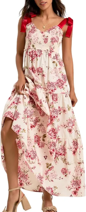 Women Tie Shoulder Maxi Dress Sleeveless Floral Smocked Tiered Ruffle Swing Flowy Dress Y2k Graffiti Long Sundresses