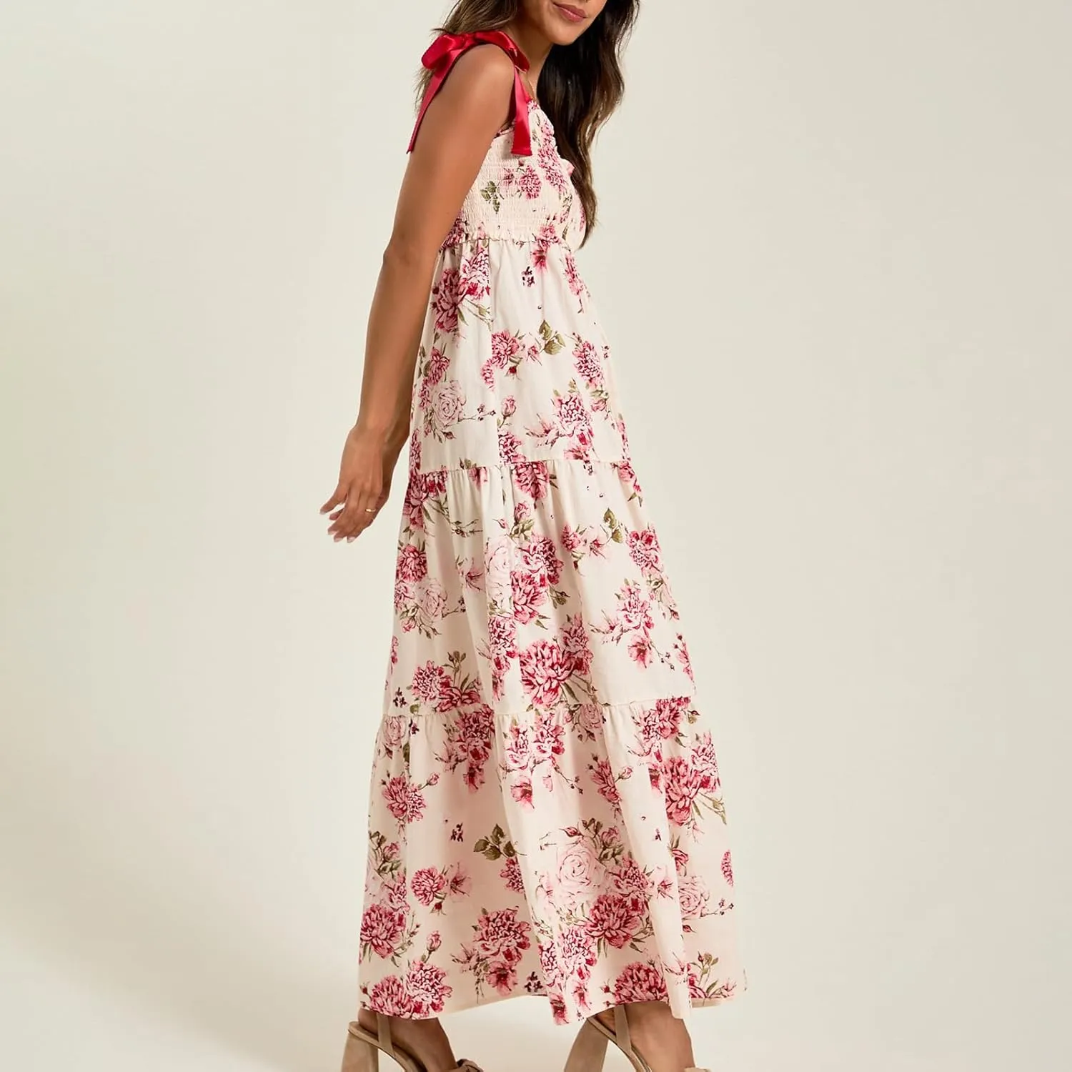 Women Tie Shoulder Maxi Dress Sleeveless Floral Smocked Tiered Ruffle Swing Flowy Dress Y2k Graffiti Long Sundresses