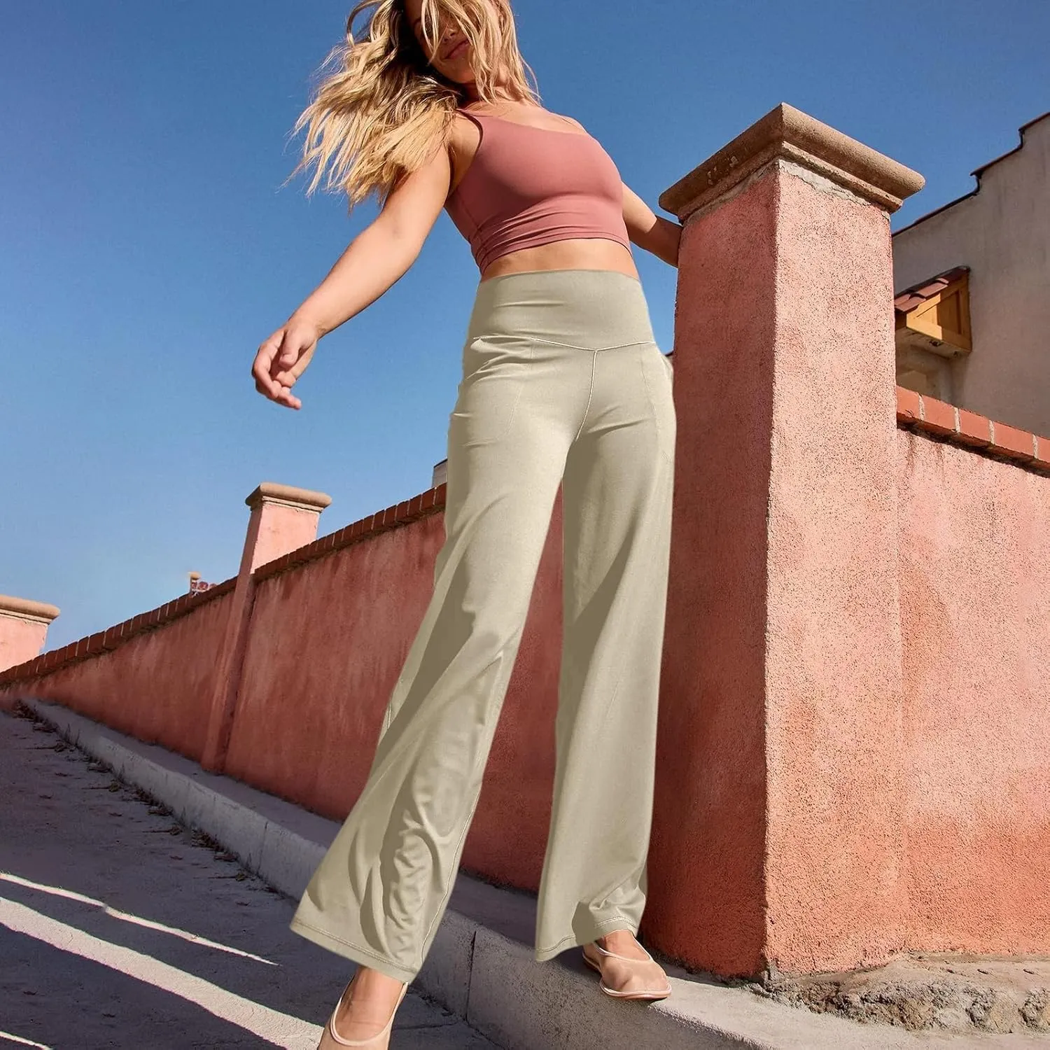 Women Wide Leg Yoga Pants with Pocket High Waist Straight Leg Dress Pants Tummy Control Leggings Flare Athletic Pant