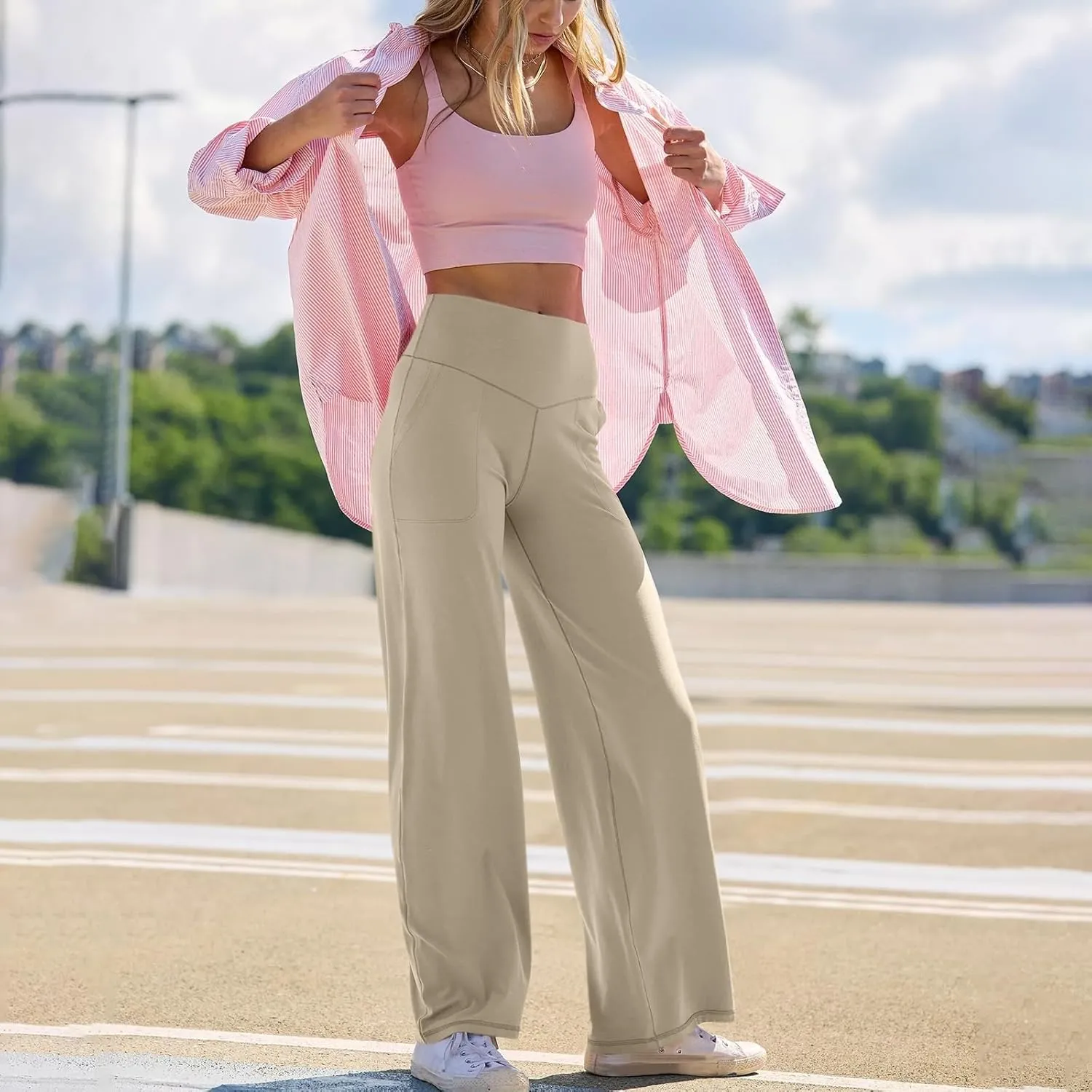 Women Wide Leg Yoga Pants with Pocket High Waist Straight Leg Dress Pants Tummy Control Leggings Flare Athletic Pant