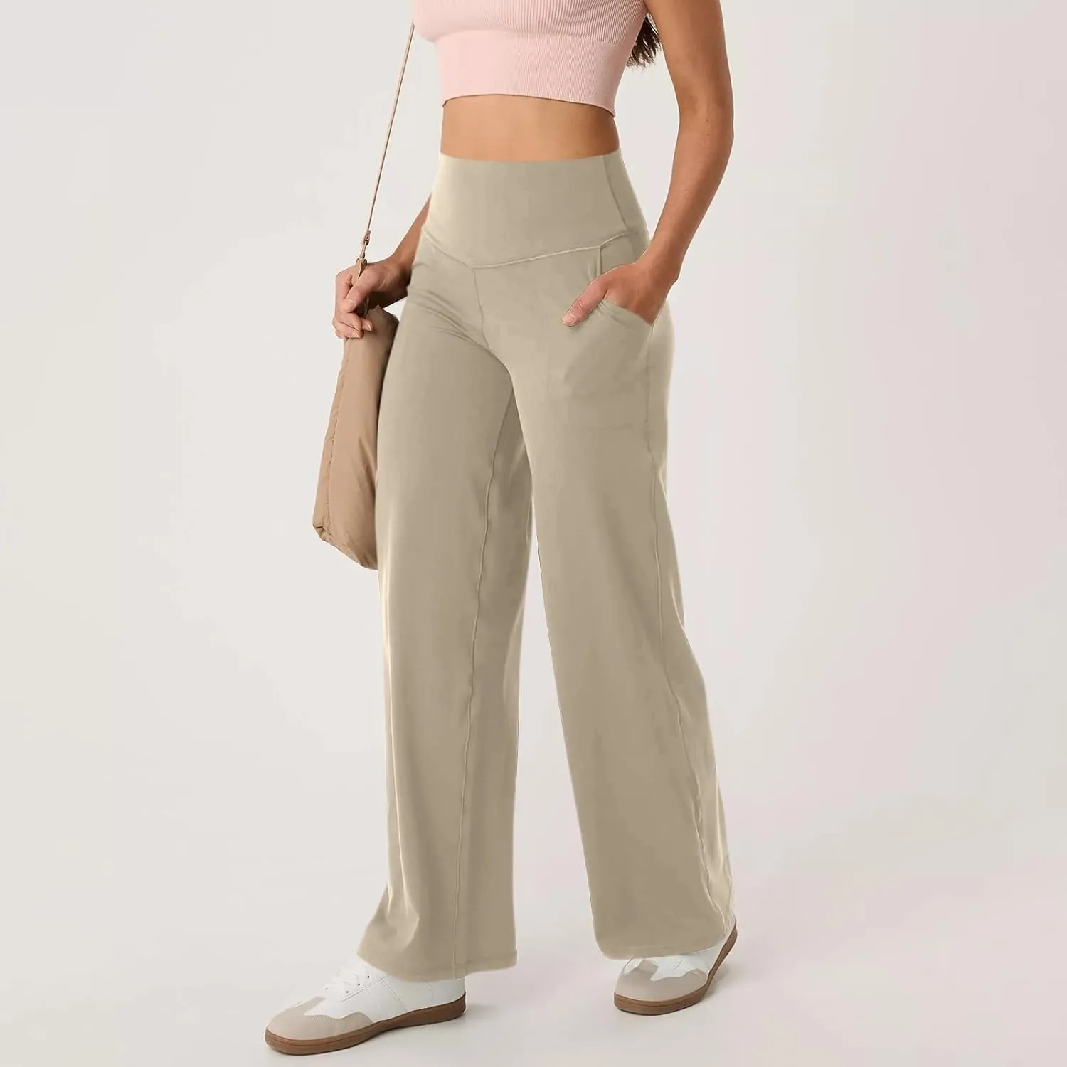 Women Wide Leg Yoga Pants with Pocket High Waist Straight Leg Dress Pants Tummy Control Leggings Flare Athletic Pant