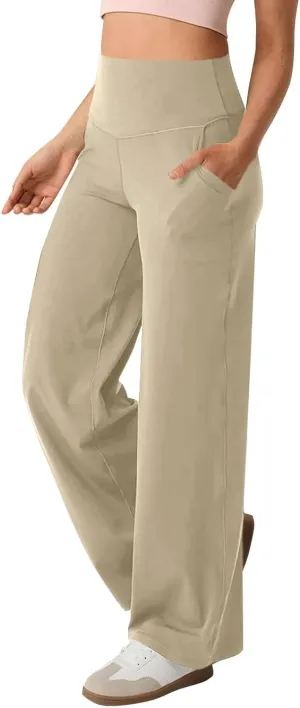 Women Wide Leg Yoga Pants with Pocket High Waist Straight Leg Dress Pants Tummy Control Leggings Flare Athletic Pant