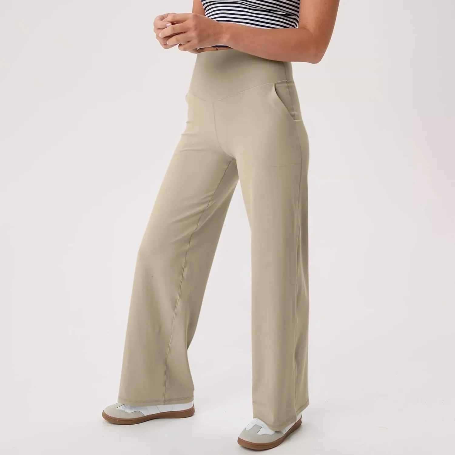 Women Wide Leg Yoga Pants with Pocket High Waist Straight Leg Dress Pants Tummy Control Leggings Flare Athletic Pant