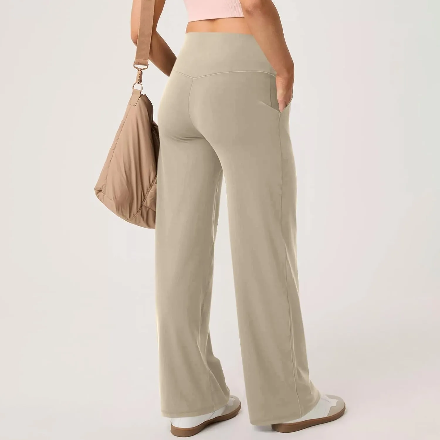 Women Wide Leg Yoga Pants with Pocket High Waist Straight Leg Dress Pants Tummy Control Leggings Flare Athletic Pant