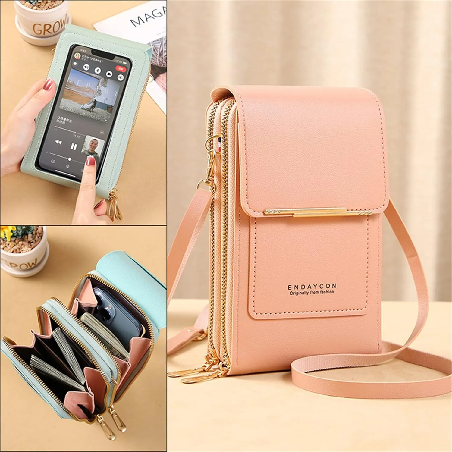 Women's Anti-theft Leather Crossbody RFID Blocking Bag,Mini Touch Screen One Shoulder Mobile Phone Purse