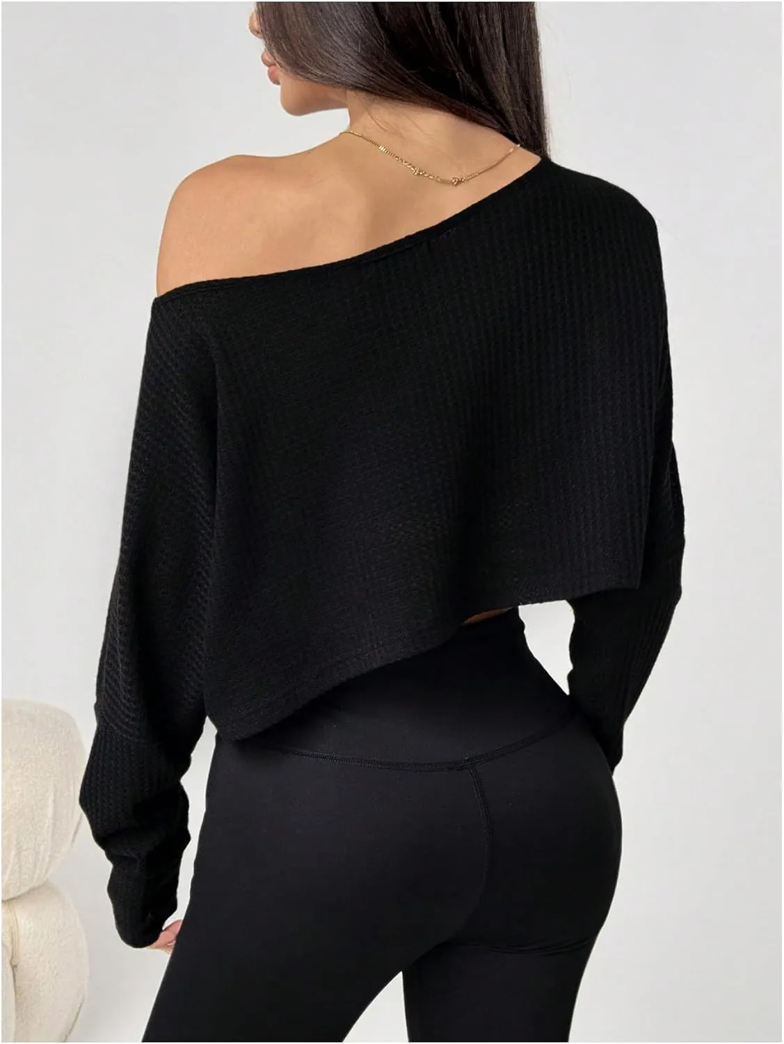Women's Asymmetrical Off Shoulder Crop Tops Long Sleeve Ribbed Knit Lettuce Trim T Shirts