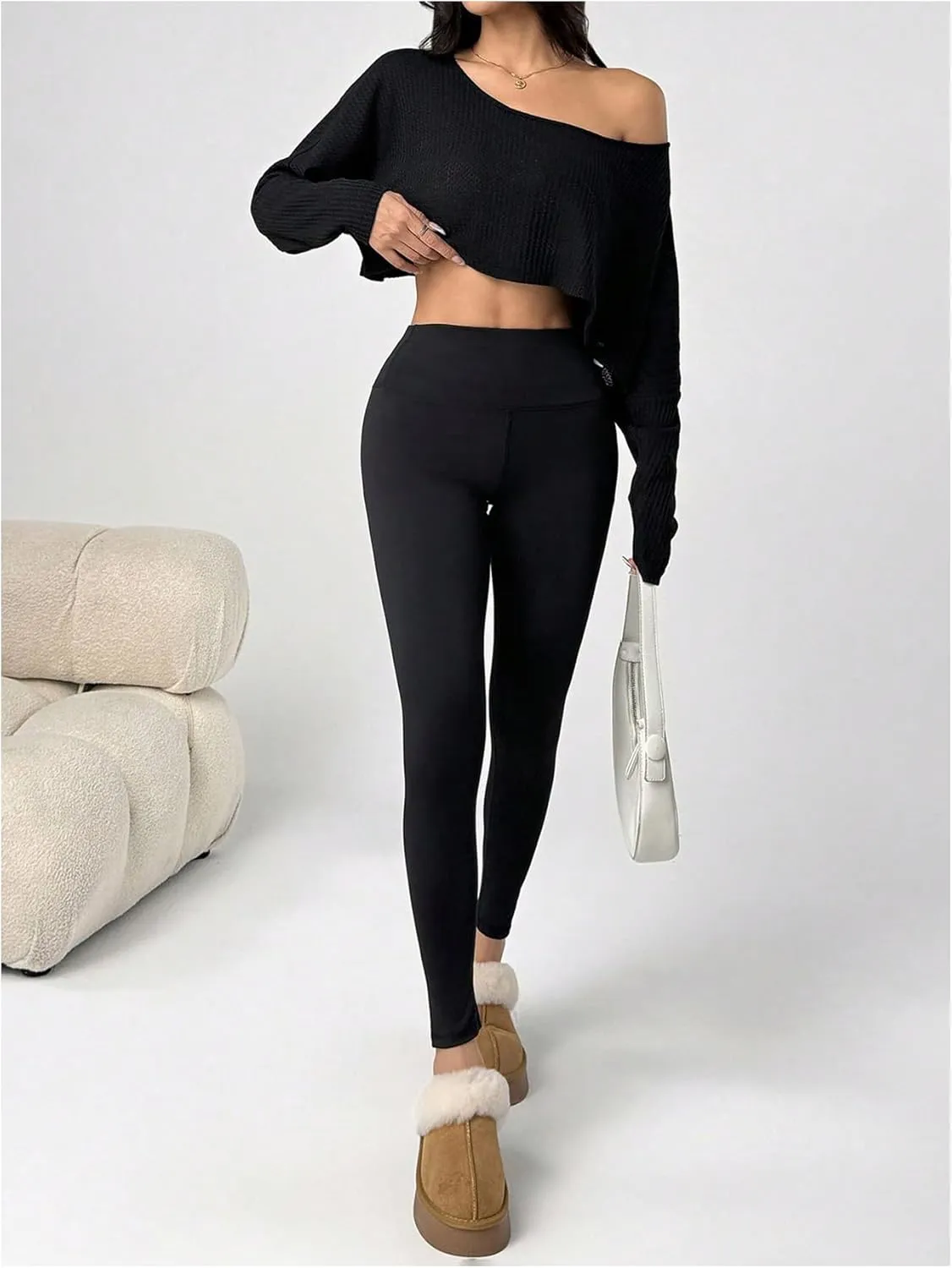 Women's Asymmetrical Off Shoulder Crop Tops Long Sleeve Ribbed Knit Lettuce Trim T Shirts
