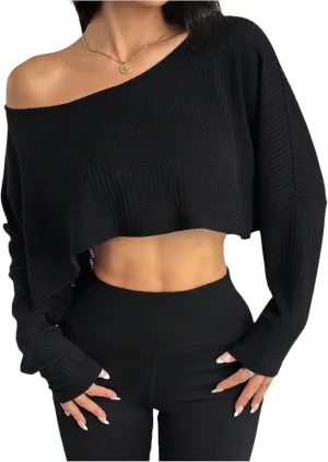 Women's Asymmetrical Off Shoulder Crop Tops Long Sleeve Ribbed Knit Lettuce Trim T Shirts
