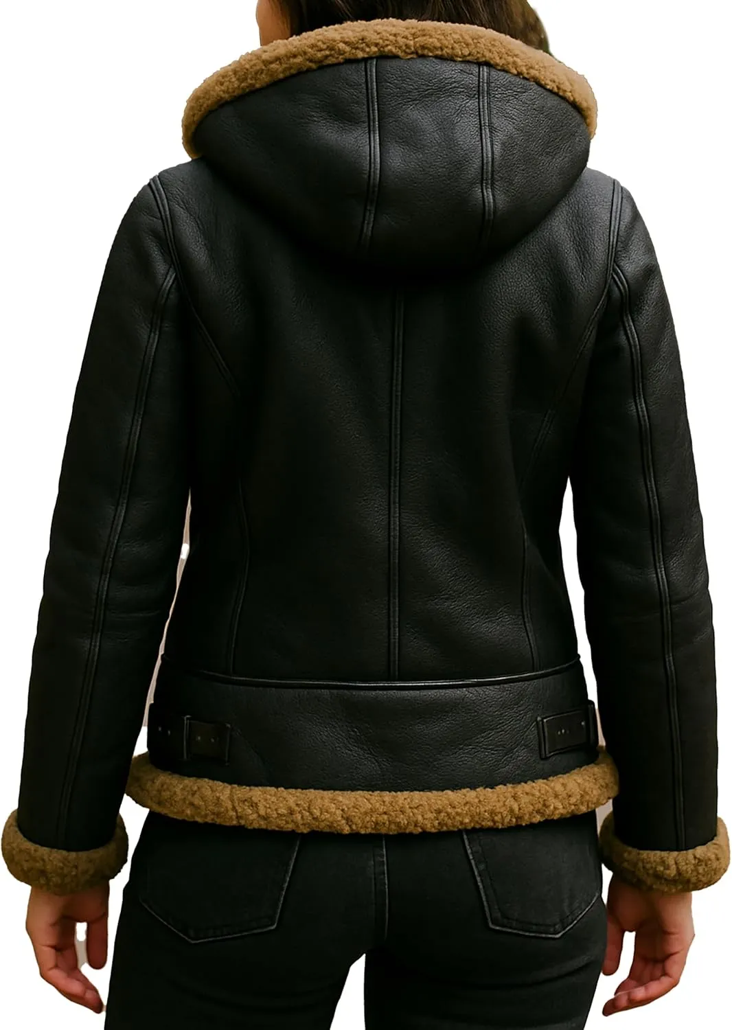 Womens B3 Fur Shearling Aviator Pilot Removable Hoodie Genuine Sheepskin Flight Bomber Brown Leather Jacket