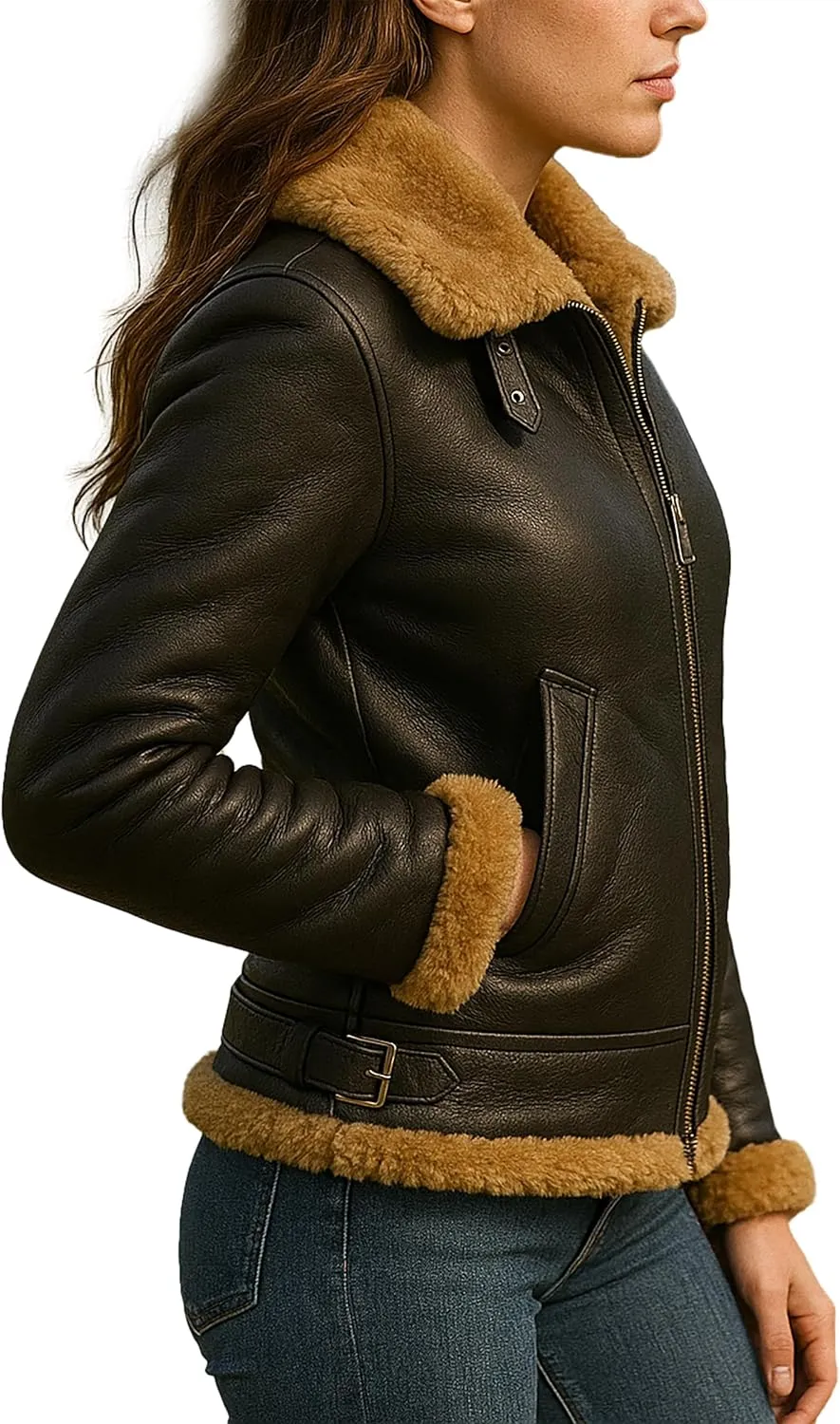 Womens B3 Fur Shearling Aviator Pilot Removable Hoodie Genuine Sheepskin Flight Bomber Brown Leather Jacket
