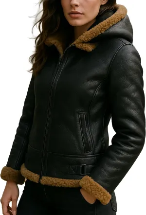 Womens B3 Fur Shearling Aviator Pilot Removable Hoodie Genuine Sheepskin Flight Bomber Brown Leather Jacket
