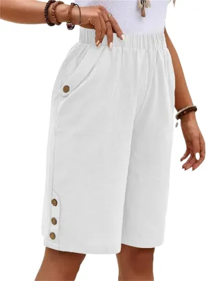 Women's Bermuda Shorts Loose Drawstring Capri Pants Summer Casual Linen Knee Length Elastic Short Pants