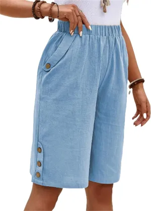 Women's Bermuda Shorts Loose Drawstring Capri Pants Summer Casual Linen Knee Length Elastic Short Pants