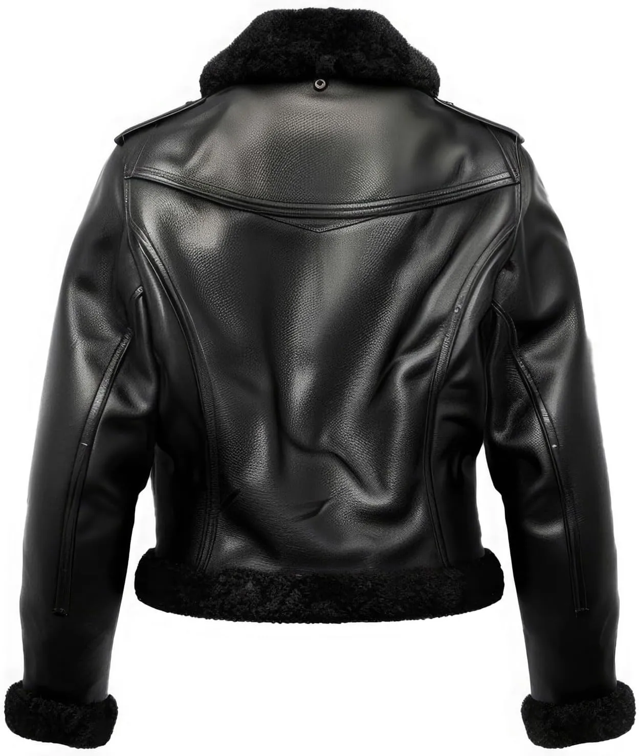 Women’s Black Genuine Sheepskin Shearling Faux Fur Lapel Lined Pilot Outfit Casual Warm Zip-up Aviator Leather Jacket