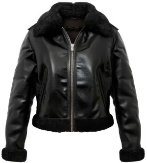 Women’s Black Genuine Sheepskin Shearling Faux Fur Lapel Lined Pilot Outfit Casual Warm Zip-up Aviator Leather Jacket
