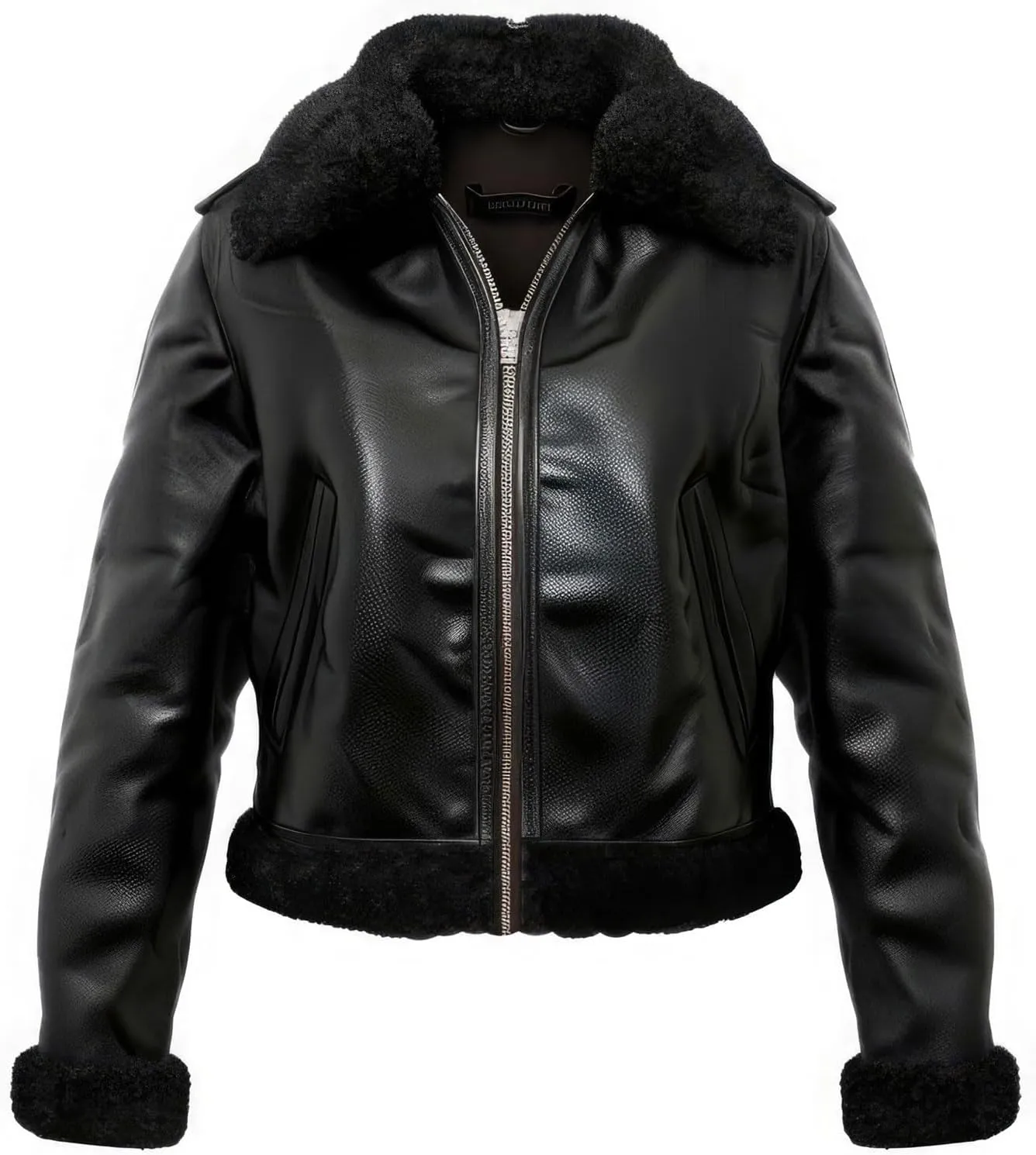 Women’s Black Genuine Sheepskin Shearling Faux Fur Lapel Lined Pilot Outfit Casual Warm Zip-up Aviator Leather Jacket