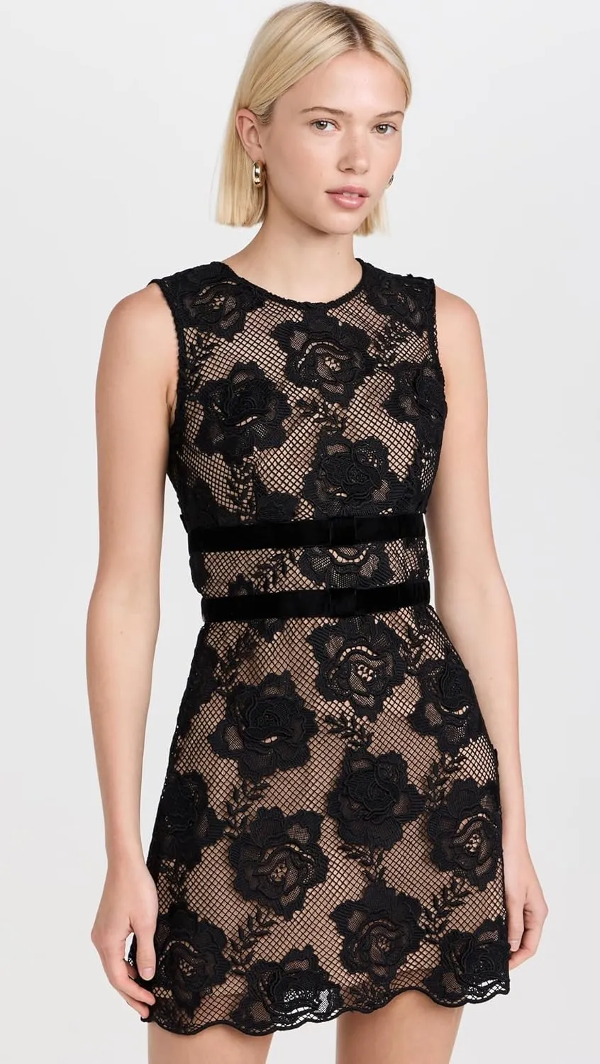 Women's Black Lace Velvet Bow Mini Dress