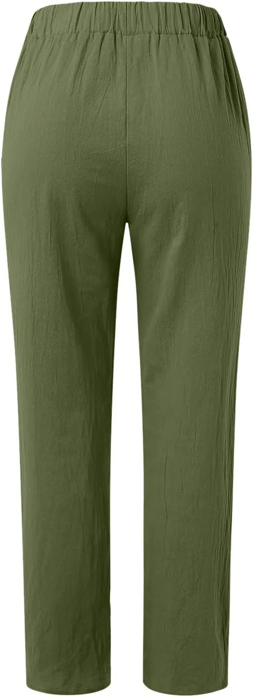 Womens Bootcut Dress Pants Women Linen Pants Casual High Waisted Button Stretchy Business Work Casual Trousers