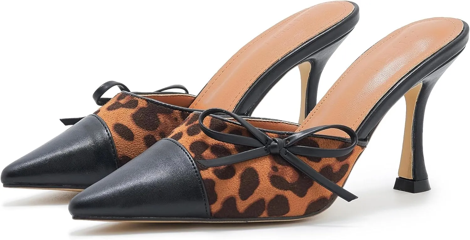 Women's Bow Tie Heeled Mules Kitten Heels Patchwork Vintage Dress Sandals