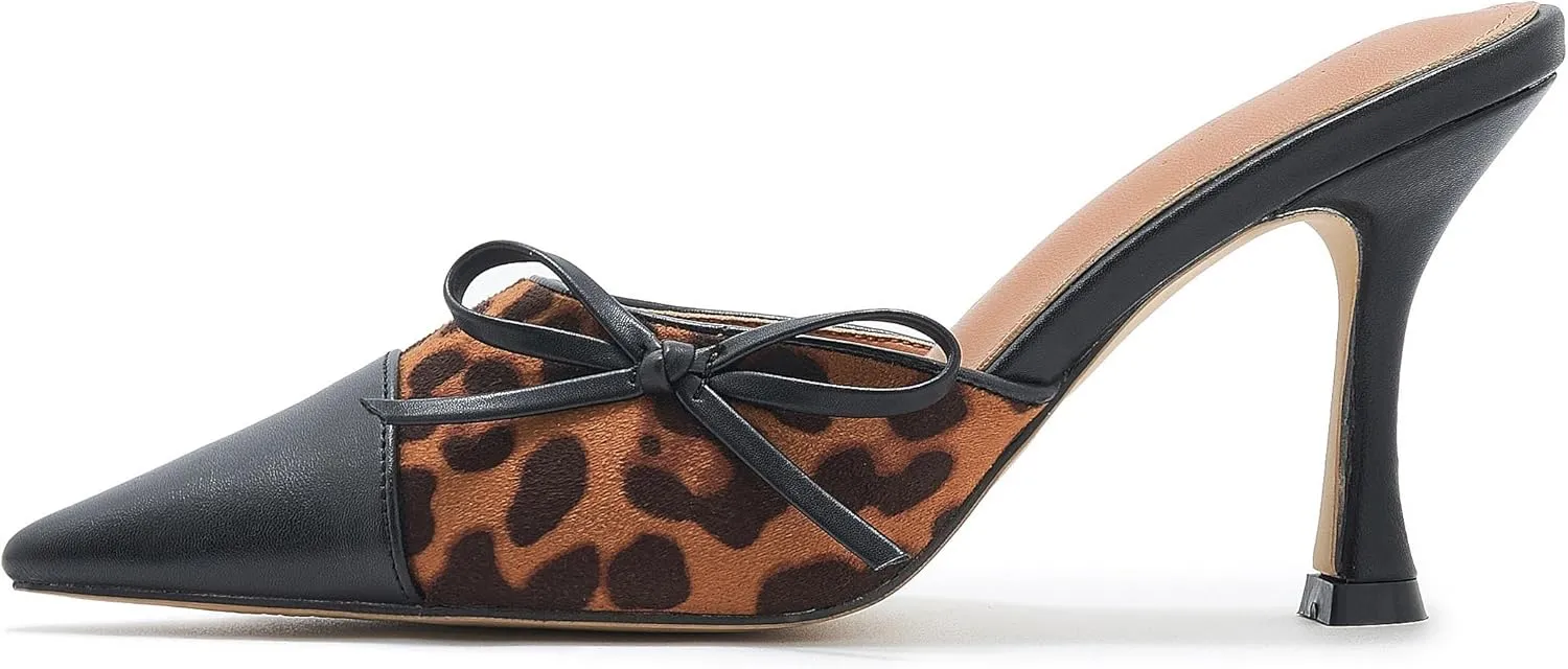 Women's Bow Tie Heeled Mules Kitten Heels Patchwork Vintage Dress Sandals