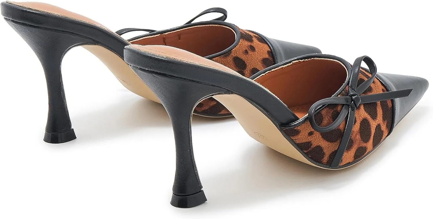 Women's Bow Tie Heeled Mules Kitten Heels Patchwork Vintage Dress Sandals