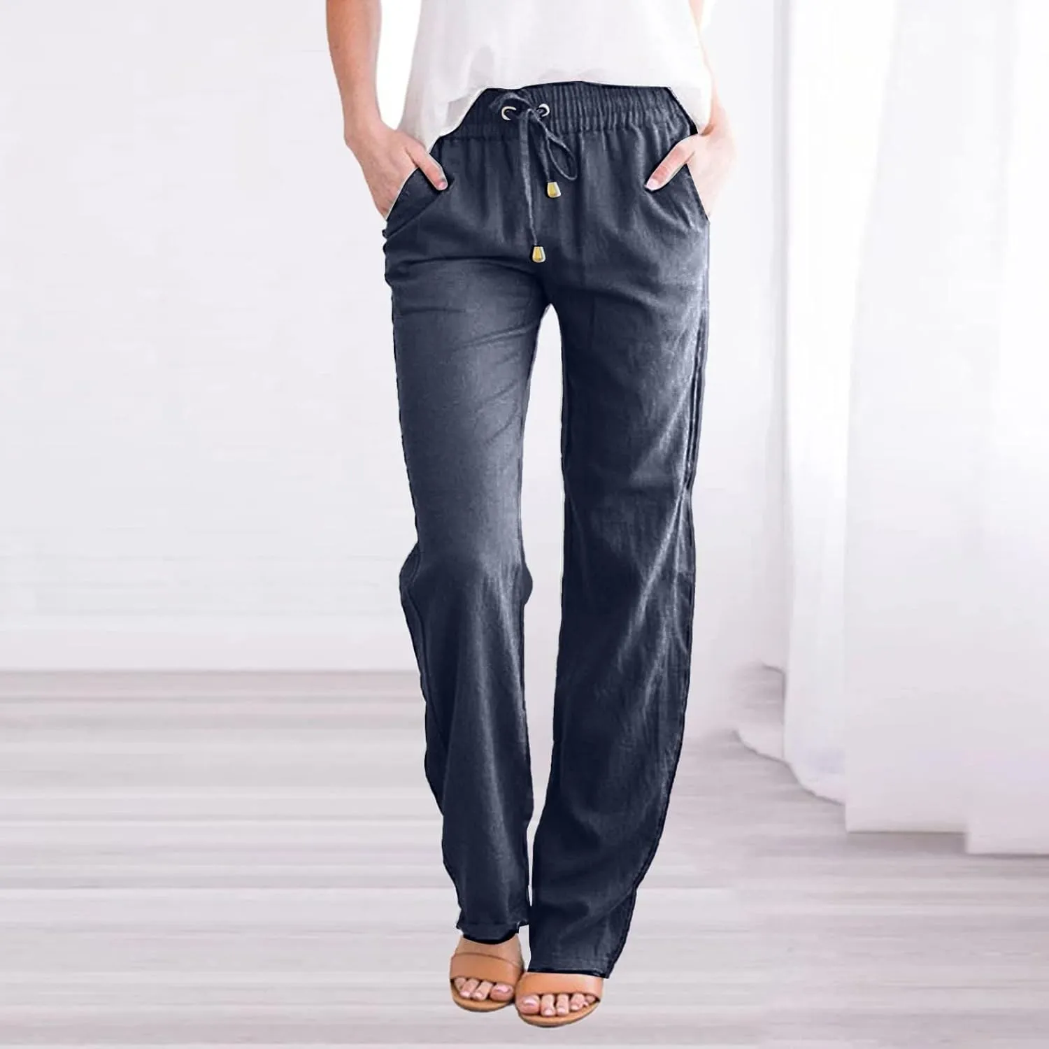 Womens Casual Summer Beach Cotton Linen Pants Lightweight Elastic Waist Drawstring Plus Size Workout Lounge Trousers