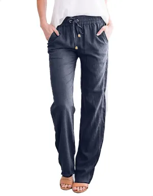 Womens Casual Summer Beach Cotton Linen Pants Lightweight Elastic Waist Drawstring Plus Size Workout Lounge Trousers