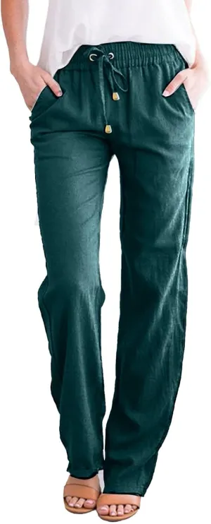 Womens Casual Summer Beach Cotton Linen Pants Lightweight Elastic Waist Drawstring Plus Size Workout Lounge Trousers