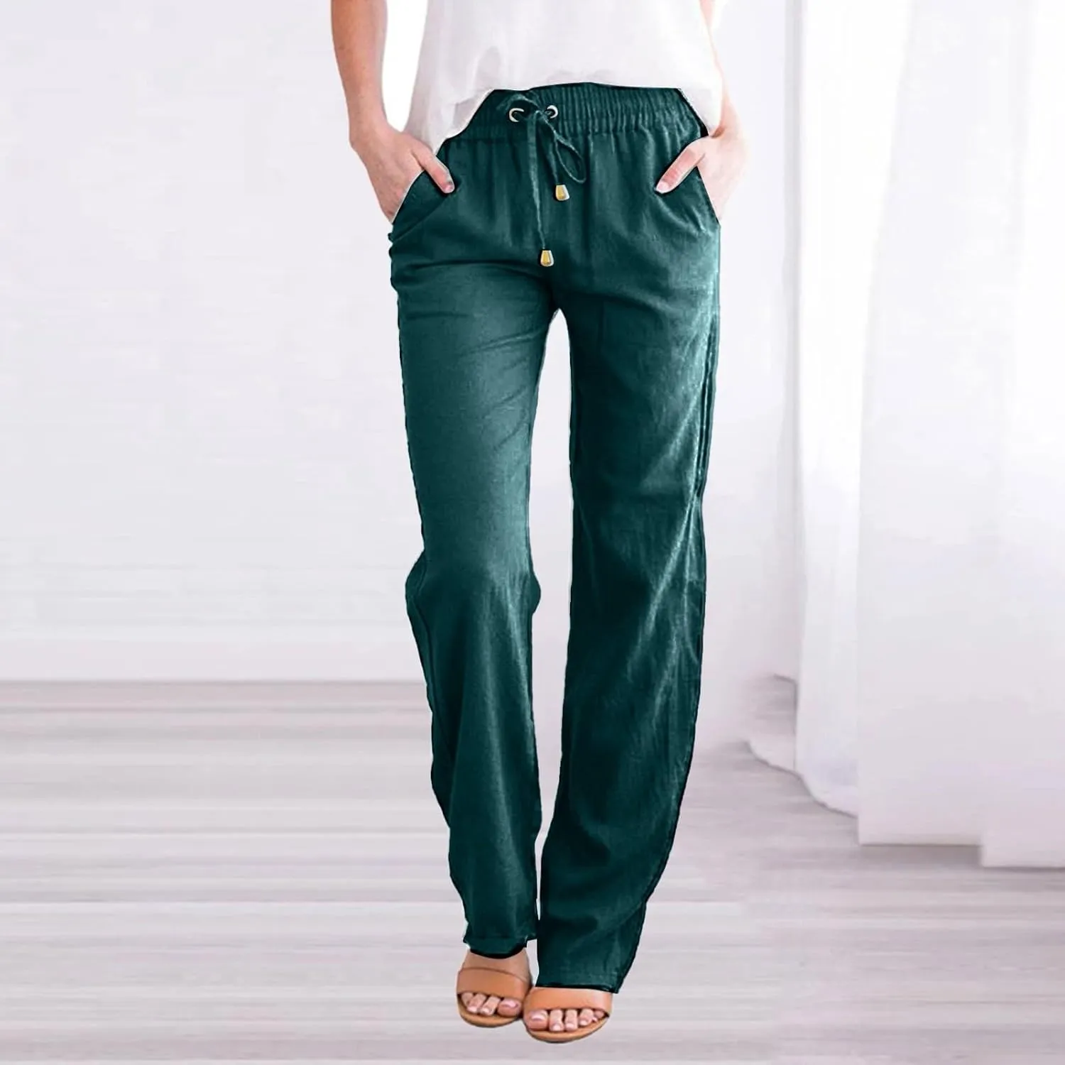 Womens Casual Summer Beach Cotton Linen Pants Lightweight Elastic Waist Drawstring Plus Size Workout Lounge Trousers